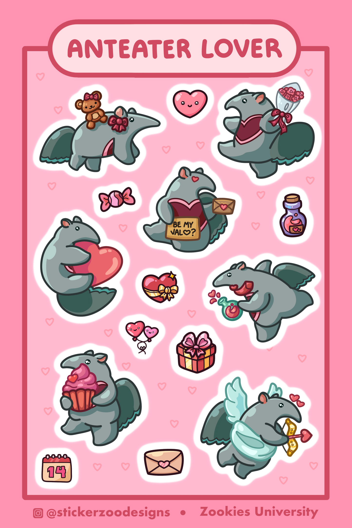 Anteater Lover Sticker Sheet (Valentine's Themed)