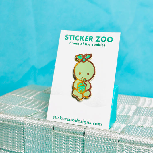 Green Guy Drinking Boba Pin