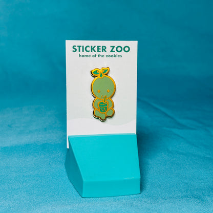 Green Guy Drinking Boba Pin