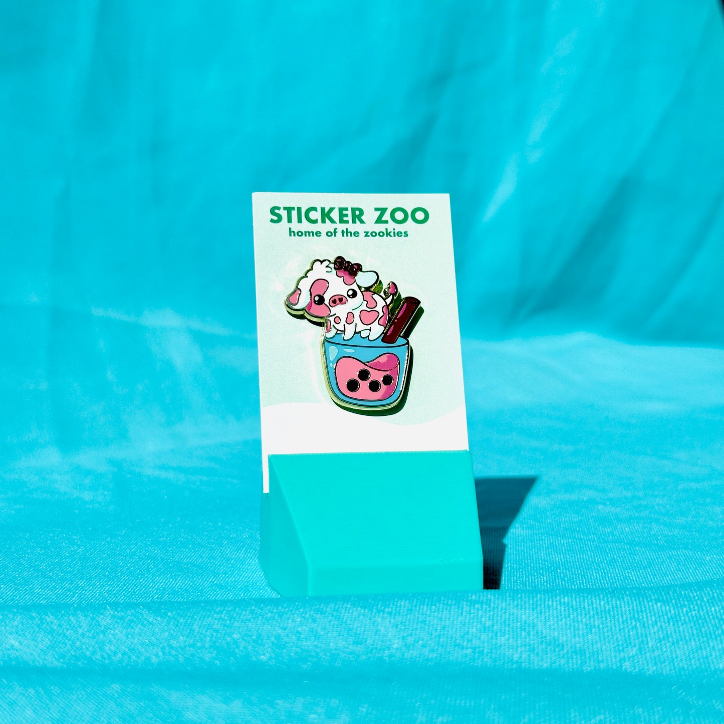 Strawberry Cow on Pink Boba Pin