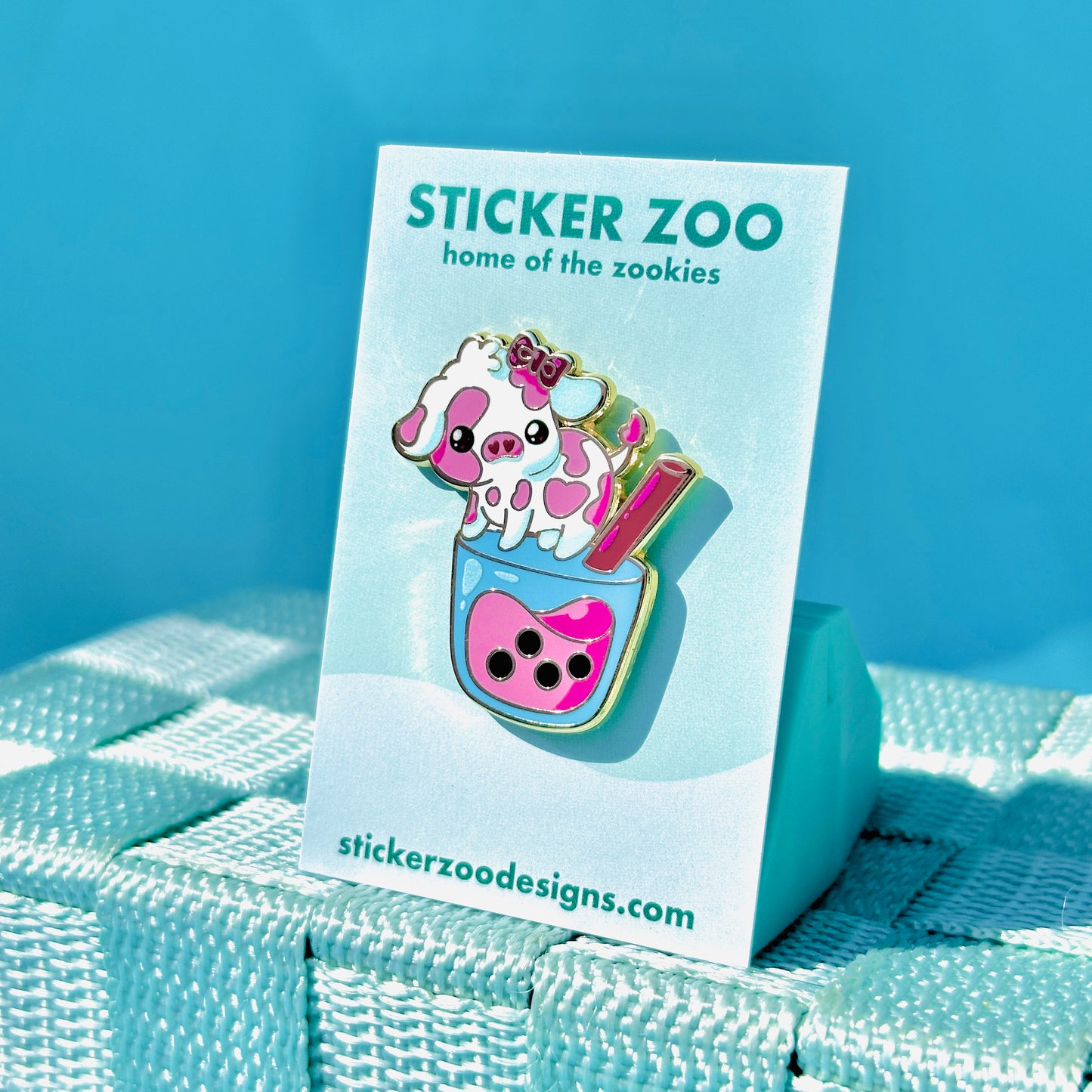 Strawberry Cow on Pink Boba Pin
