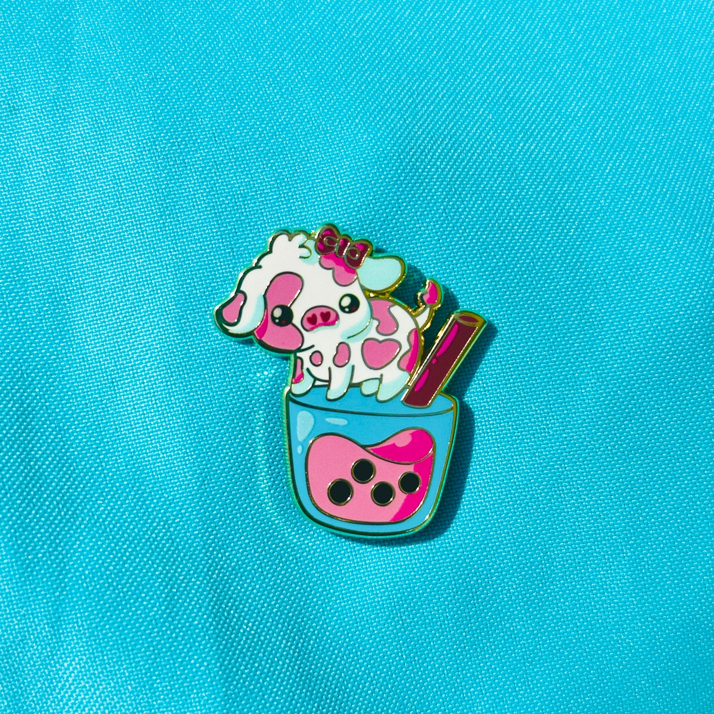 Strawberry Cow on Pink Boba Pin
