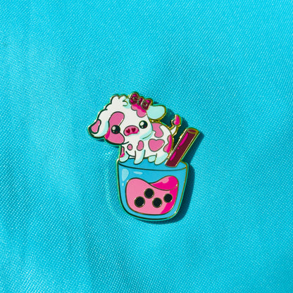 Strawberry Cow on Pink Boba Pin